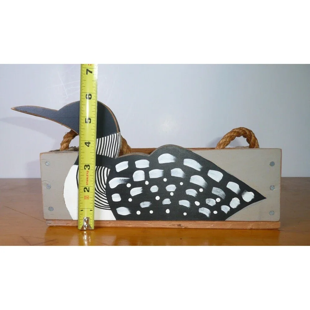 Rustic Hand Painted Wood Loon Bird Crate Box With Rope Handle Small Duck